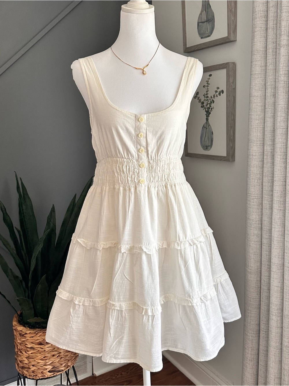 Urban Outfitters Coastal Cream Tiered Smocked Mini Dress